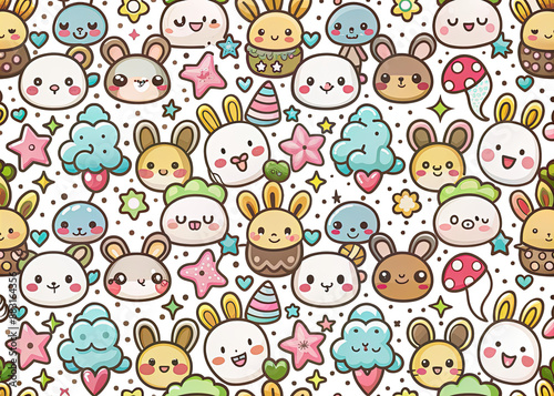 A colorful and playful seamless pattern featuring cute kawaii cartoon stars with intricate designs. Perfect for adding a touch of whimsy to any project. Generative AI