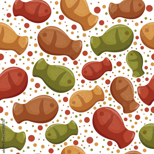 seamless pattern with dry cat food granules in the shape of a fish, which means it's a fish-flavored food, for a variety of design, polyraffy or packaging