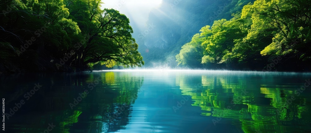 Serene Morning Misty Forest and River