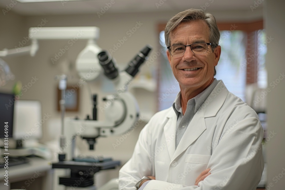 A man in a lab coat smiles while standing in front of a microscope A man in a lab coat smiles while standing in front of a microscope