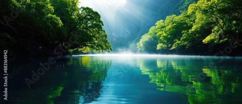 Serene Morning Misty Forest and River