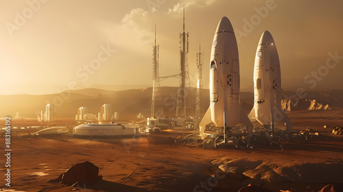 Fototapeta Naklejka Na Ścianę i Meble -  A space city or station with an expedition on the surface of Mars or  unknown planet. AI Generated