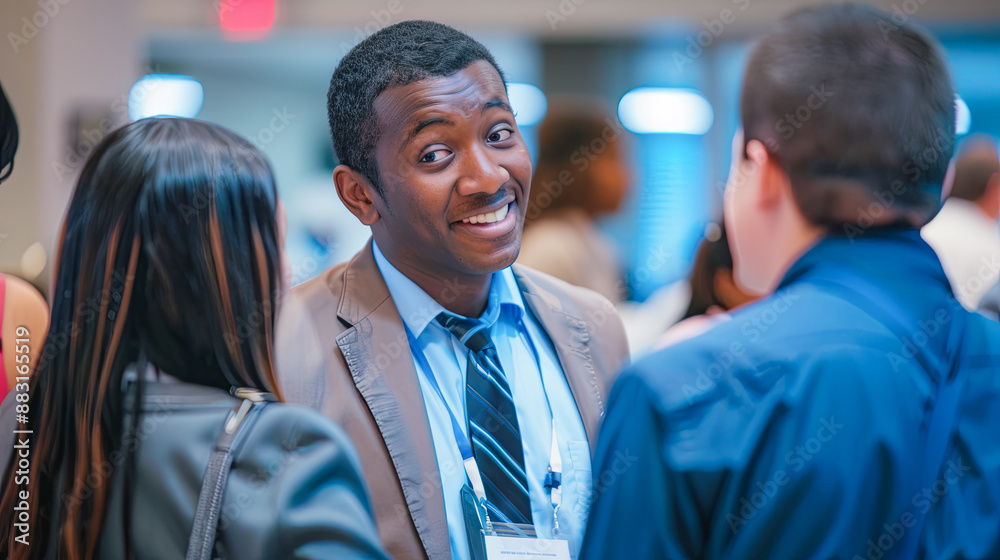 Happy African American Businessman Networking at a Conference with Colleagues Wearing Business Attire and Name Tags at a Convention Center Event, Diversity in the Workplace Happy African American Businessman Networking at a Conference with Colleagues Wearing Business Attire and Name Tags at a Convention Center Event, Diversity in the Workplace