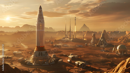 Fototapeta Naklejka Na Ścianę i Meble -  A space city or station with an expedition on the surface of Mars or  unknown planet. AI Generated