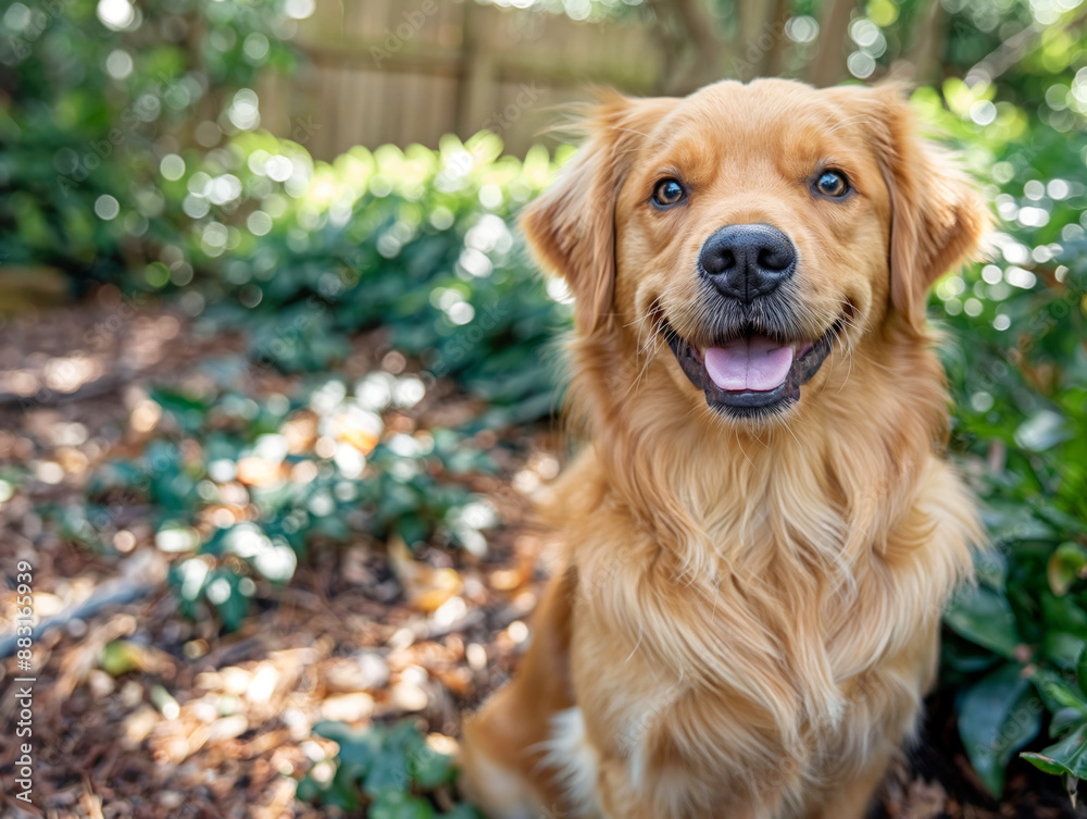 A golden retriever is sitting in a garden, bathed in dappled sunlight, with a happy expression on its face A golden retriever is sitting in a garden, bathed in dappled sunlight, with a happy expression on its face