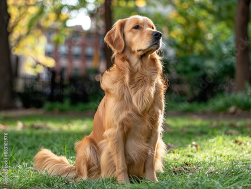 A golden retriever is sitting attentively in a patch of dappled sunlight on a grassy area, with trees and a blurred background of buildings