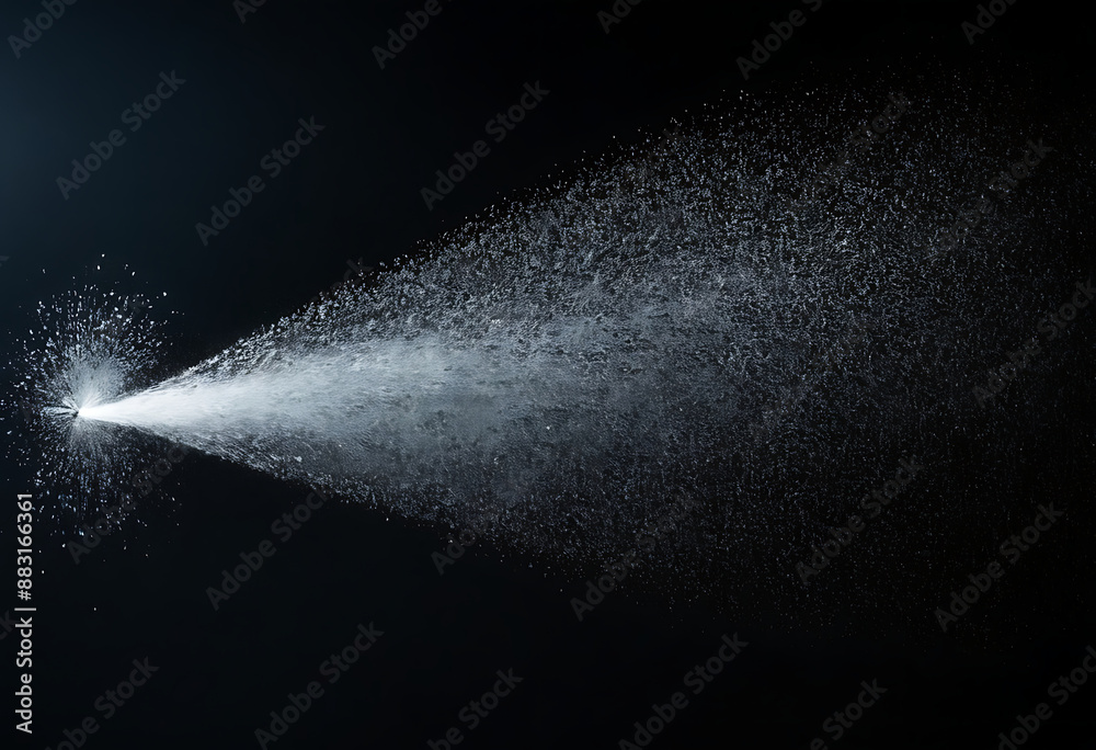 A jet of water spraying against a black background, creating a misty effect. Ideal for showcasing cleaning products, water conservation, or refreshing concepts.
