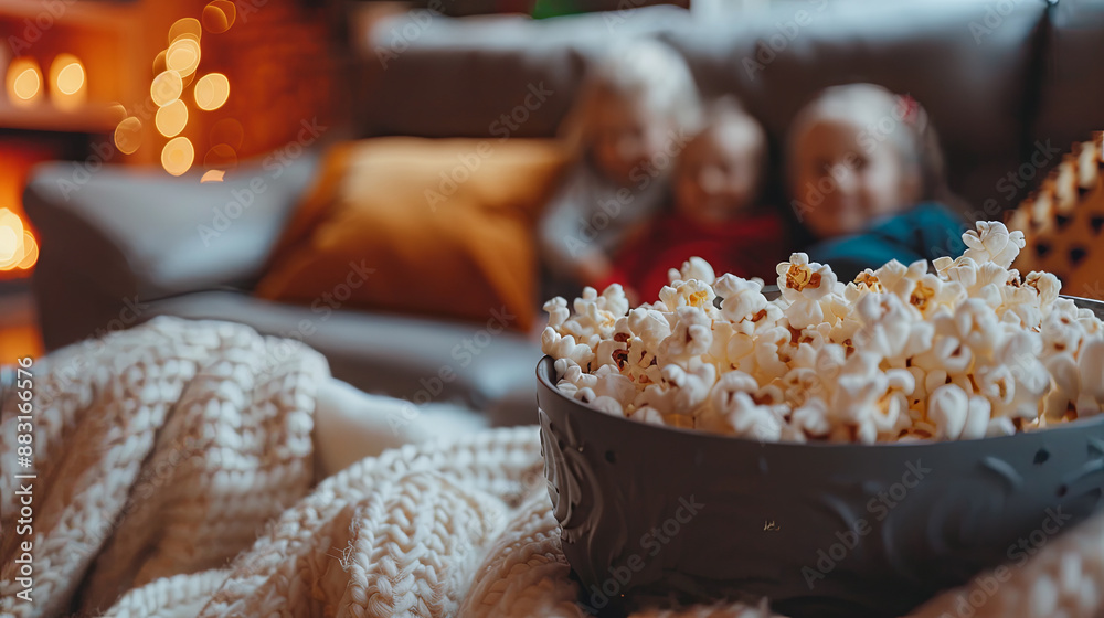 A bowl of popcorn is on a blanket in front of a couch A bowl of popcorn is on a blanket in front of a couch