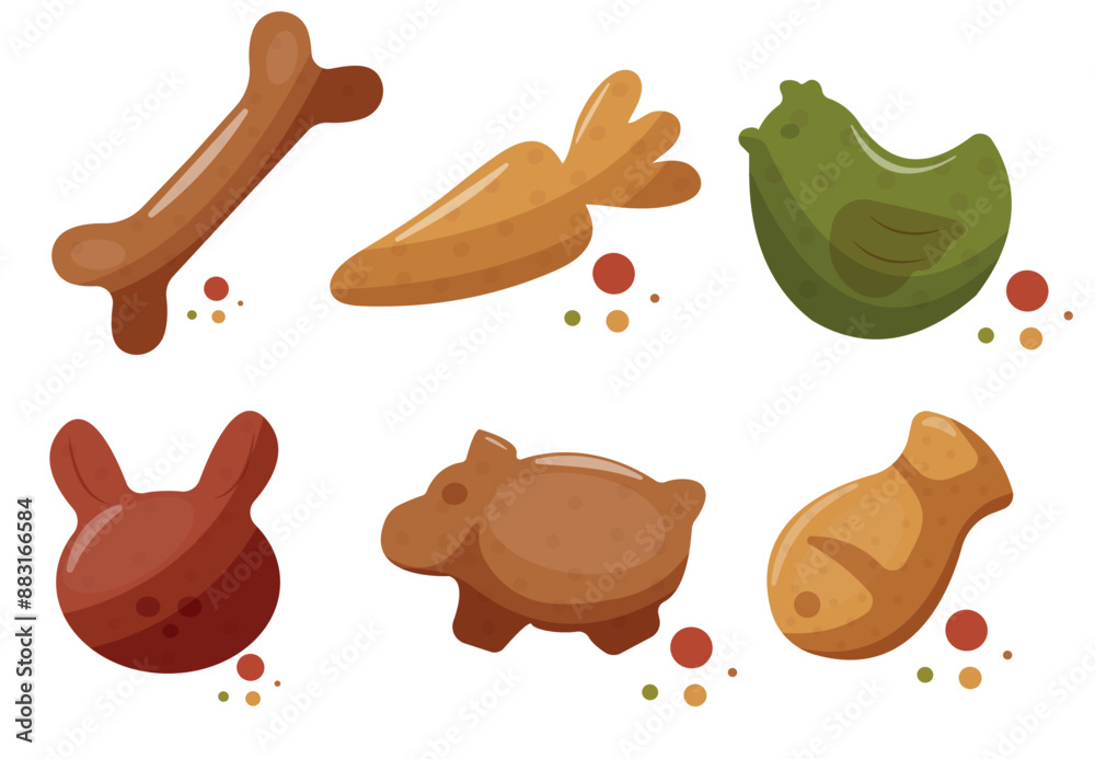 set of cat pellets, dry food in various forms, namely in the form of chicken, fish, pork, carrot and rabbit, for various designs, packaging or printing set of cat pellets, dry food in various forms, namely in the form of chicken, fish, pork, carrot and rabbit, for various designs, packaging or printing