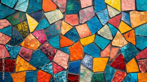 Vibrant mosaic texture featuring colorful geometric tiles, intricate patterns, and reflective surfaces, perfect for adding an artistic flair to wallpapers and digital art.