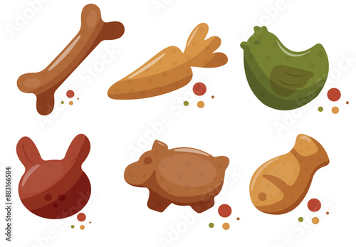 set of cat pellets, dry food in various forms, namely in the form of chicken, fish, pork, carrot and rabbit, for various designs, packaging or printing