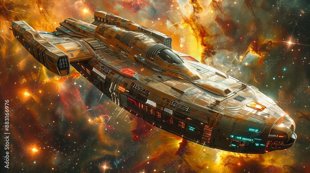 Fototapeta premium a starship in a nebula, with colorful gas clouds and distant stars