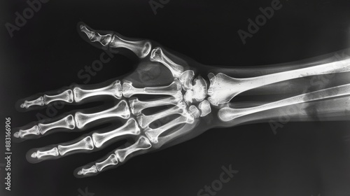 An X-ray image of a human hand, showing the intricate details of the bones and joints.