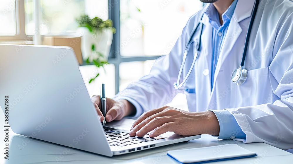 Doctor Using Laptop Computer Working in Hospital Office, Healthcare and Medical Technology Concept, Physician with Stethoscope in White Lab Coat Researching Patient Information on Computer, Close Up