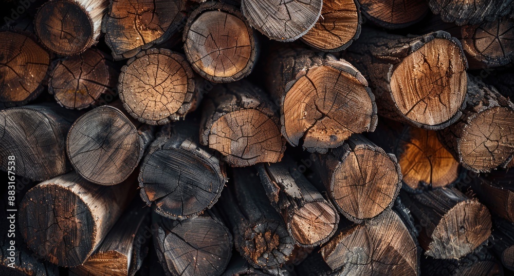 A pile of wood, stacked in rows and shapes. A pile of wood, stacked in rows and shapes.