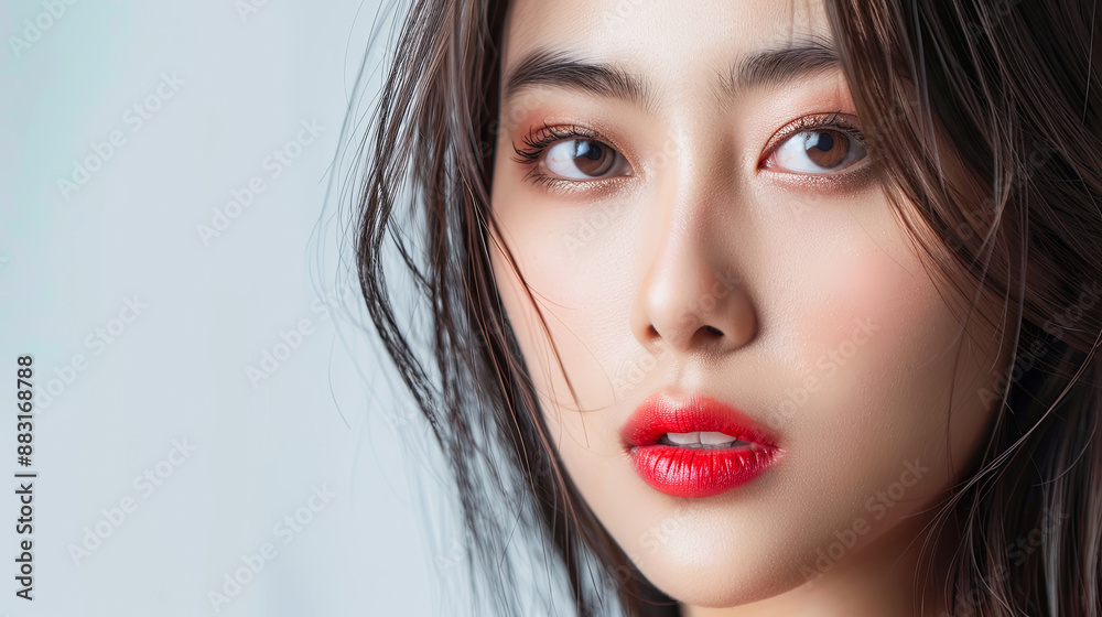 Beautiful Asian Woman with Red Lips and Brown Eyes Looking at Camera - Portrait, Beauty, Makeup, Cosmetics, Skincare, Model, Glamour, Fashion, Studio Shot Beautiful Asian Woman with Red Lips and Brown Eyes Looking at Camera - Portrait, Beauty, Makeup, Cosmetics, Skincare, Model, Glamour, Fashion, Studio Shot