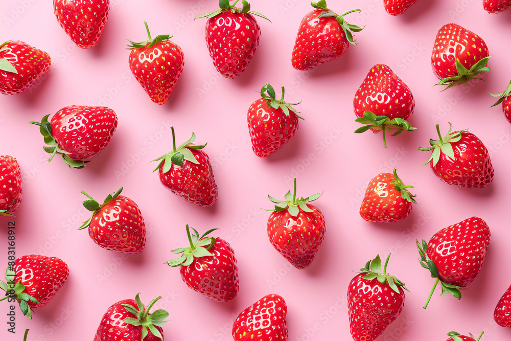 Strawberries scattered on a pink background in a flat lay top view. Strawberries scattered on a pink background in a flat lay top view.