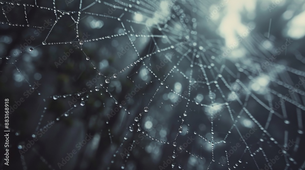 Close-up of water droplets on a spider's web in a misty forest, with intricate patterns and reflections. Close-up of water droplets on a spider's web in a misty forest, with intricate patterns and reflections.