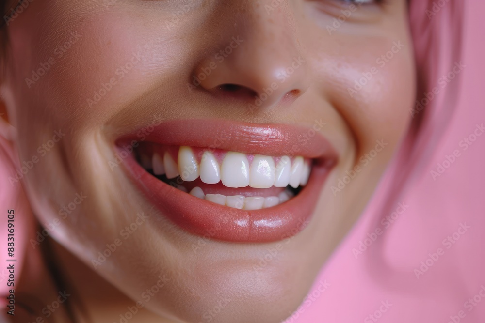 A woman with pink hair smiles brightly, showing off her pearly white teeth A woman with pink hair smiles brightly, showing off her pearly white teeth