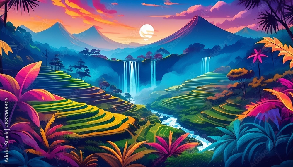 Beautiful colourful tropical Bali landscape illustration, dense jungle, rice terraces and volcano mountains in background. Beautiful colourful tropical Bali landscape illustration, dense jungle, rice terraces and volcano mountains in background.