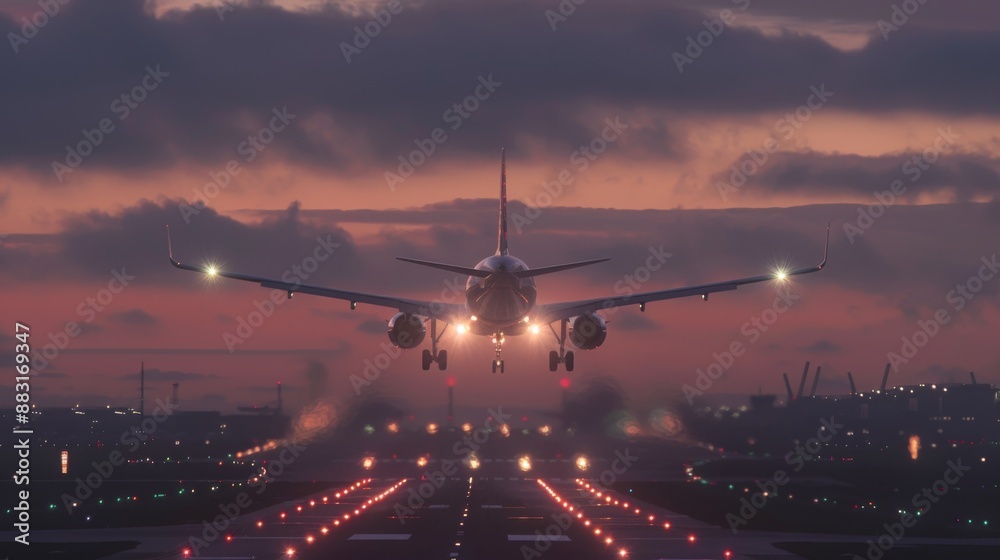 Commercial airplane descending for landing at an airport with runway lights illuminated at dusk. Commercial airplane descending for landing at an airport with runway lights illuminated at dusk.