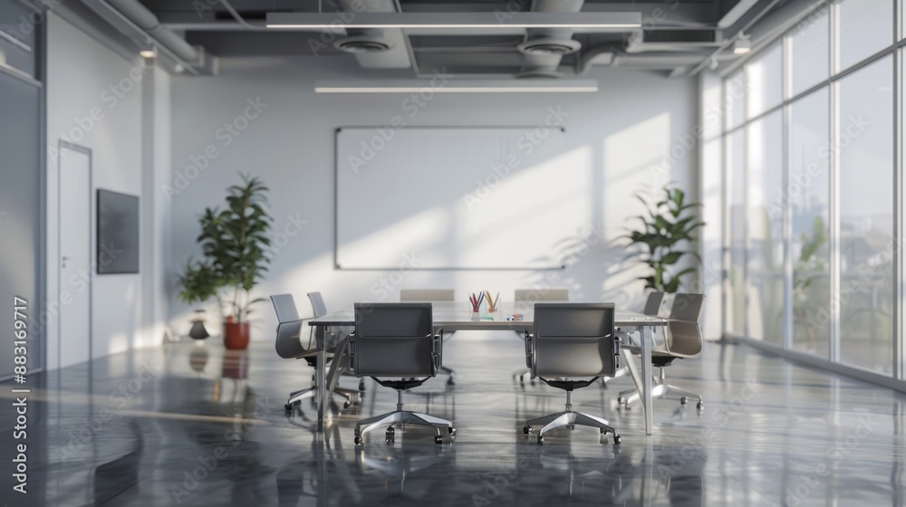 Modern Meeting Room with Whiteboard and Large Windows. Modern Meeting Room with Whiteboard and Large Windows.