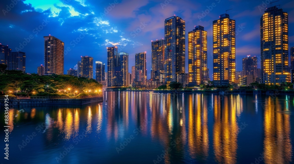 Fototapeta premium Evening view of illuminated high-rise buildings along a river, reflecting their lights on the water's surface.