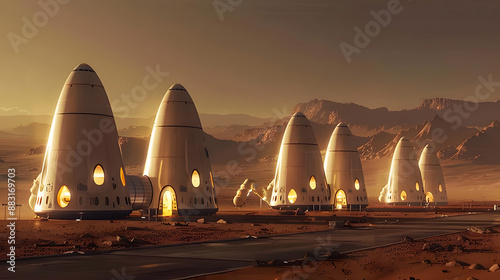 Fototapeta Naklejka Na Ścianę i Meble -  A space city or station with an expedition on the surface of Mars or  unknown planet. AI Generated