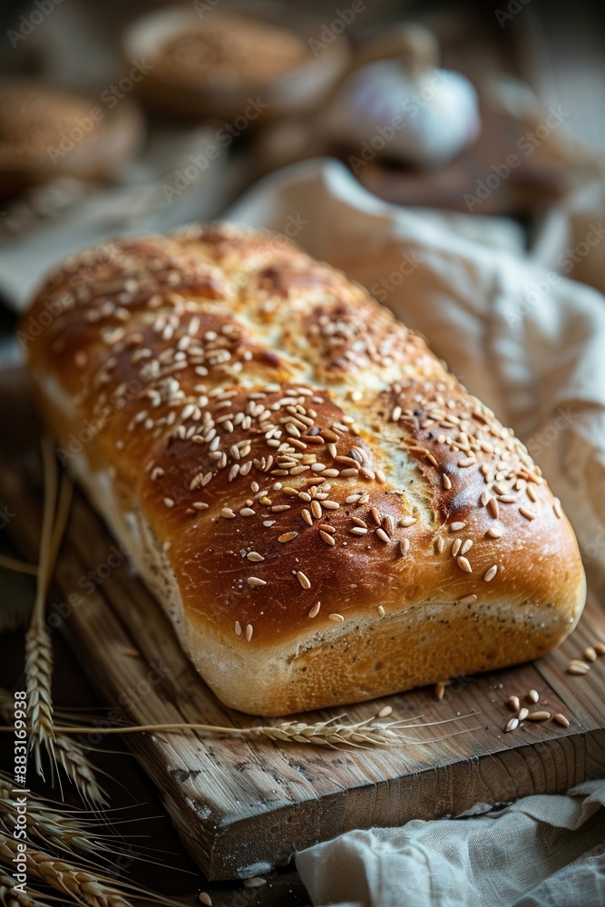 Seedtopped whole grain loaf rustic wooden board beige cloth and wheat stalks backdrop warm artisanal ambiance Seedtopped whole grain loaf rustic wooden board beige cloth and wheat stalks backdrop warm artisanal ambiance