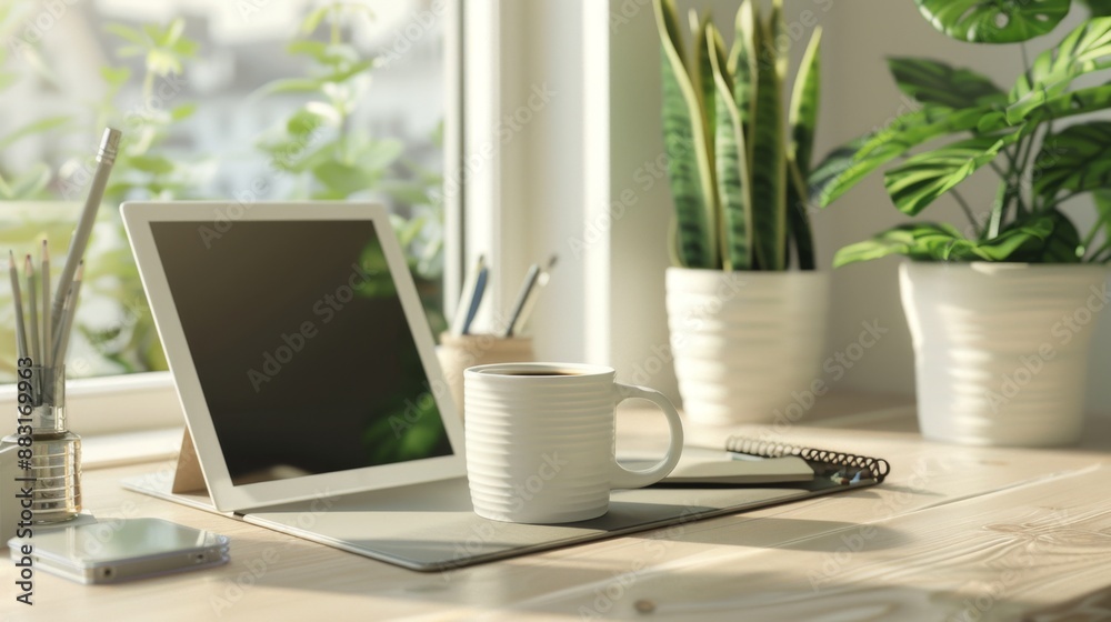 Cozy Home Office Workspace with Coffee, Tablet, and Plants. Cozy Home Office Workspace with Coffee, Tablet, and Plants.