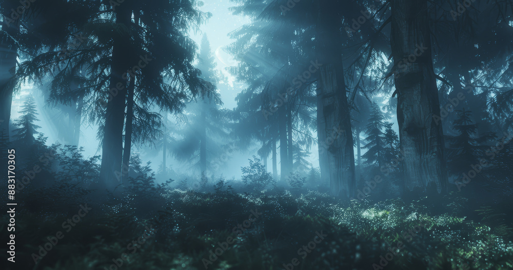 Obraz premium Foggy forest in a foggy morning.