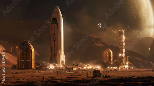 Fototapeta Naklejka Na Ścianę i Meble -  A space city or station with an expedition on the surface of Mars or  unknown planet. AI Generated