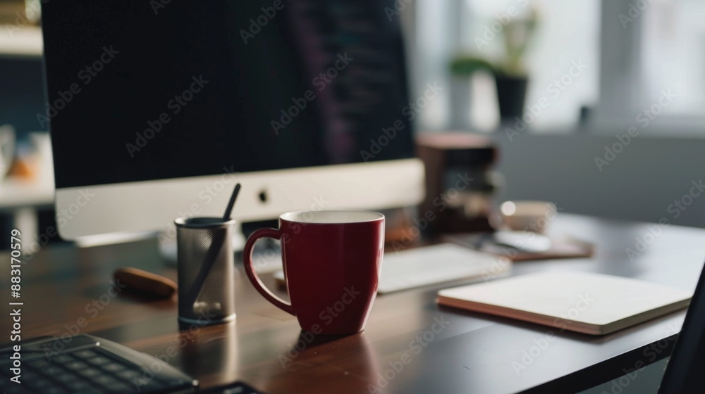 Red Mug on a Desk with a Computer in the Background. Red Mug on a Desk with a Computer in the Background.