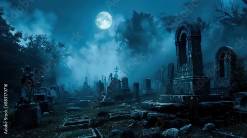 A cemetery at midnight, with the full moon illuminating the rows of old tombstones. Fog rises between the graves and stone angels stand guard, their faces seeming alive in the moonlight.