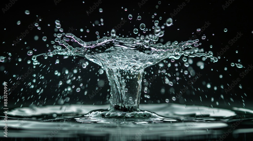 High-speed capture of water droplets colliding mid-air, creating a spectacular splash and dispersion. High-speed capture of water droplets colliding mid-air, creating a spectacular splash and dispersion.