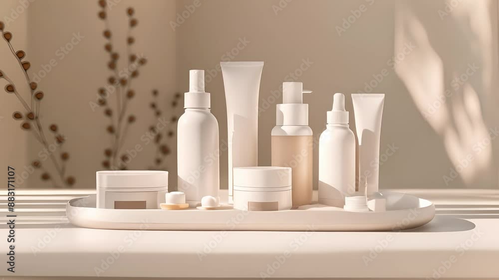 Mock up cosmetics packaging, Set of different cosmetic bottles of cream or serum on a ceramic tray, Blank packaging	