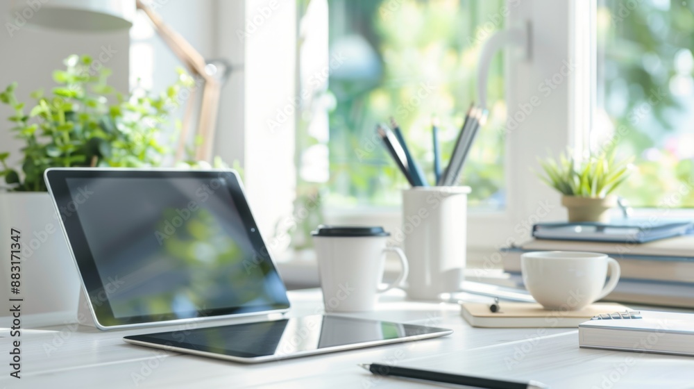 Modern Workplace with Tablet and Coffee. Modern Workplace with Tablet and Coffee.