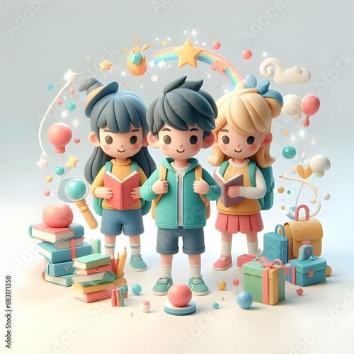 Kids with Magic Backpacks and Enchanted Books 3D Flat Icon: Magical Learning and Back to School Concept