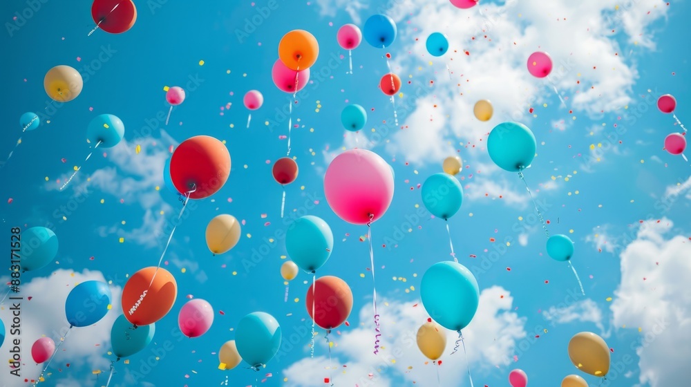 colorful helium balloons floating against blue sky joyful celebration background colorful helium balloons floating against blue sky joyful celebration background