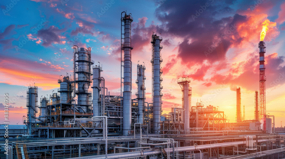 Fototapeta premium Petroleum refinery with industrial pipelines and chimneys at sunset under colorful sky