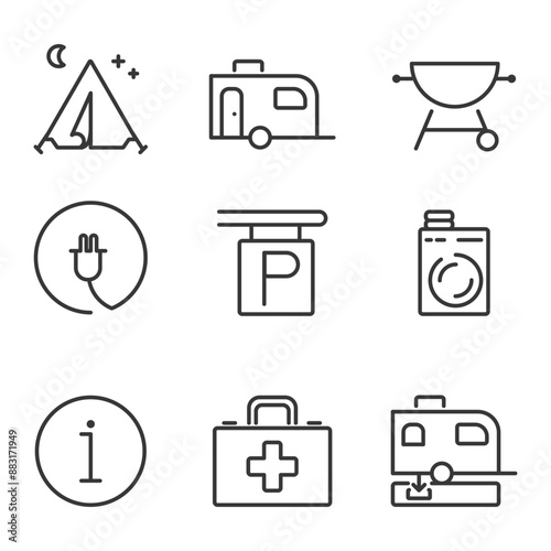 Set of thin line icons of camping, services. Outline symbol collection. Editable vector stroke