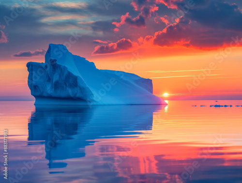 A large iceberg is floating in the ocean with a beautiful sunset in the background. The scene is serene and peaceful, with the sun setting behind the ice and the water reflecting the colors of the sky
