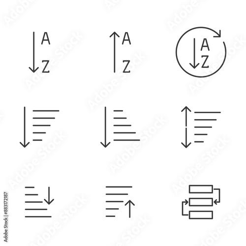 Simple Set of Sorting And Filtering Related Vector Line Icons. Contains such Icons as Data Processing, Structure Order, Digital Management and more