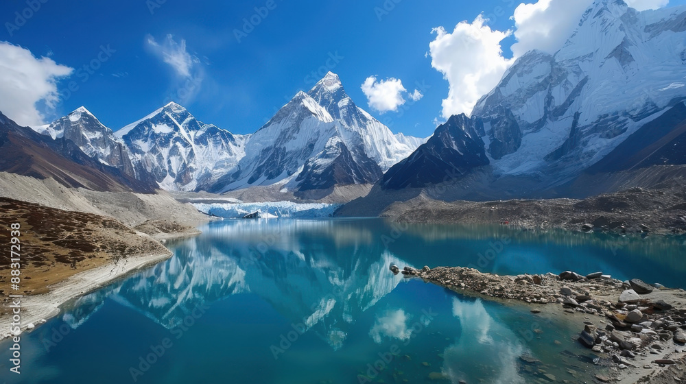 Fototapeta premium Snow-capped mountains reflecting in a pristine glacial lake under a clear blue sky