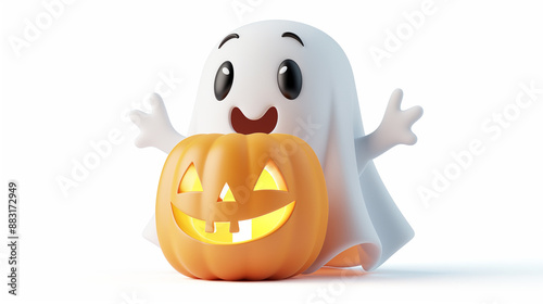 Cute little spooky ghost with the pumpking for halloween. Happy Halloween  concept