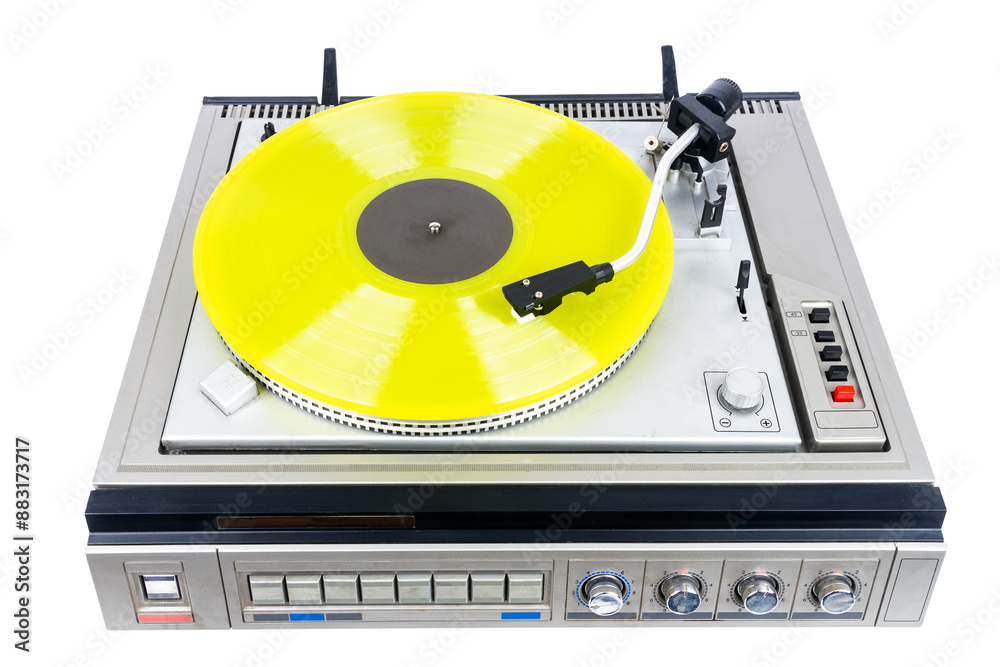 Fototapeta premium Vintage turntable record player with yellow vinyl isolated on white background.