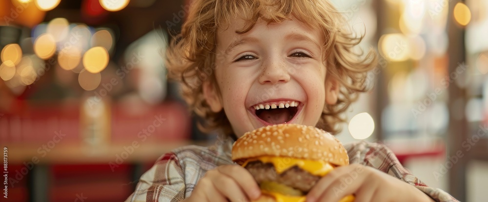 A happy kid, eating a fast-food burger, their face glowing with delight A happy kid, eating a fast-food burger, their face glowing with delight