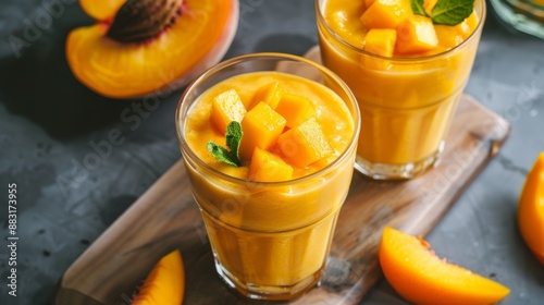Delicious and vibrant mango and peach smoothies garnished with fresh mint, served in clear glasses on rustic wooden board with peach slices.