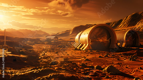 Fototapeta Naklejka Na Ścianę i Meble -  A space city or station with an expedition on the surface of Mars or  unknown planet. AI Generated