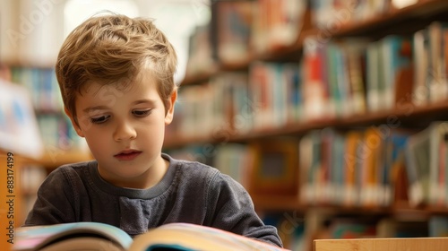 Little boy engrossed in reading at a library, Child Reading, quiet and studious atmosphere photo